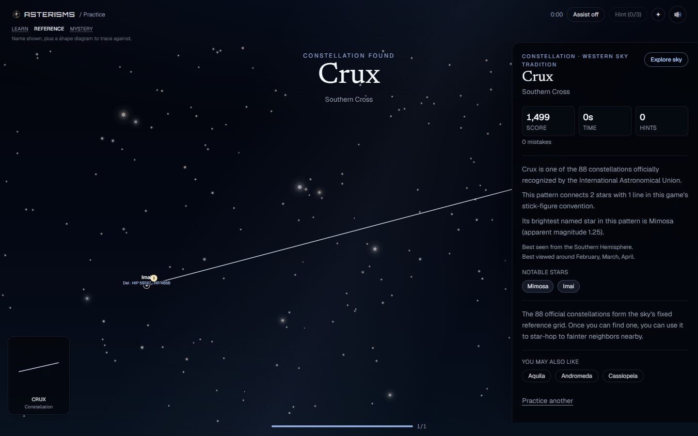 Completed puzzle reveal with score and astronomy details