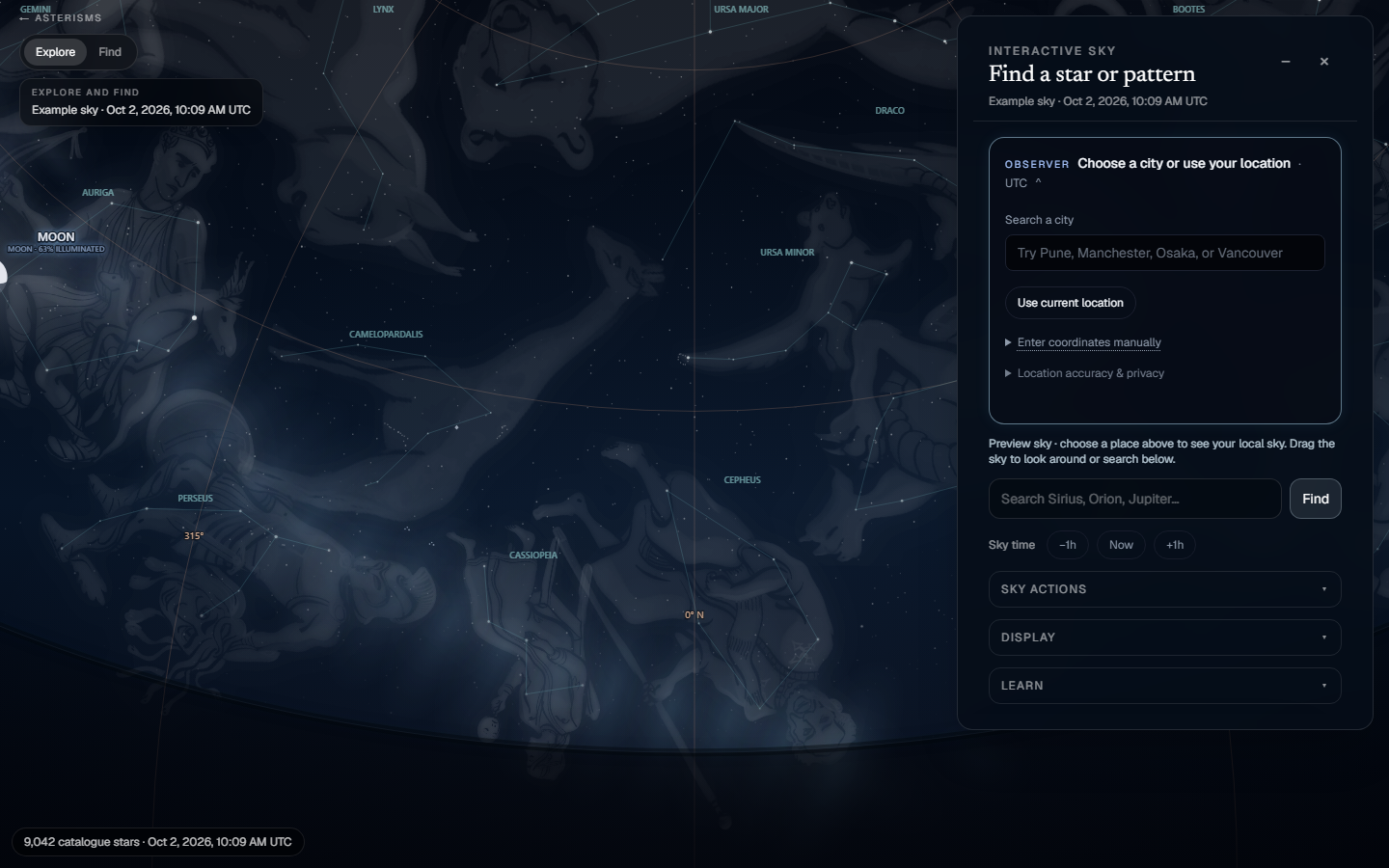 Explore: an interactive real-sky viewer with constellation artwork, a lit Moon, and a search panel