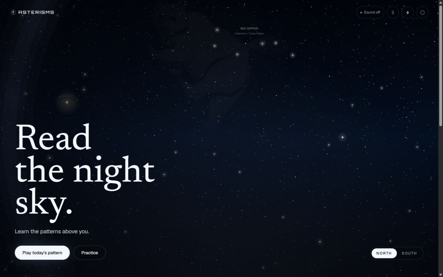 The real Asterisms landing hero, showing a constellation, a live Jupiter marker, and the North/South toggle