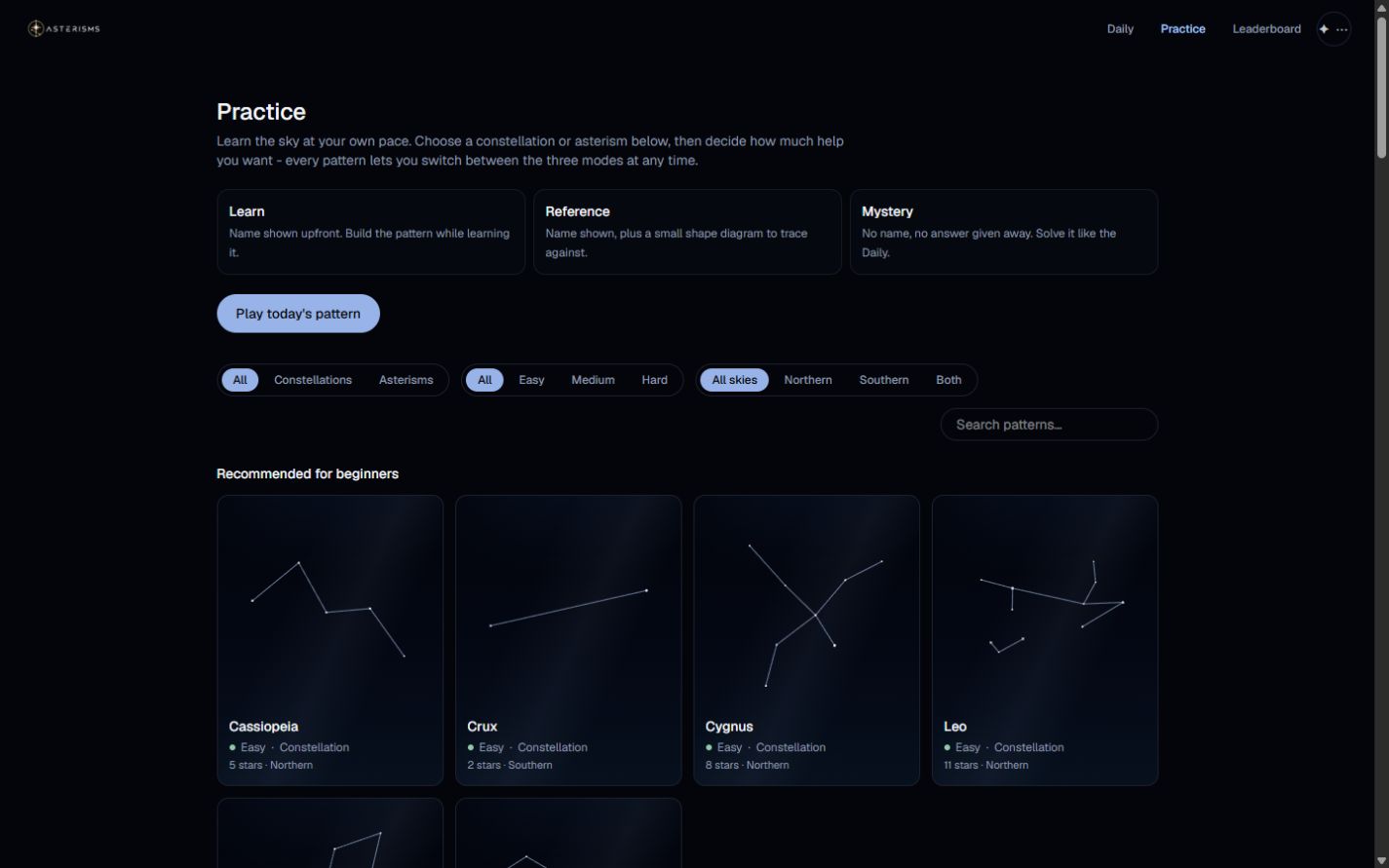 Practice library with filters and constellation cards