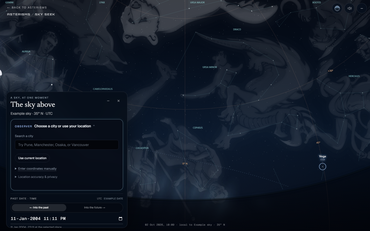 Sky Seek: choosing a past date and time for the sky above a chosen place