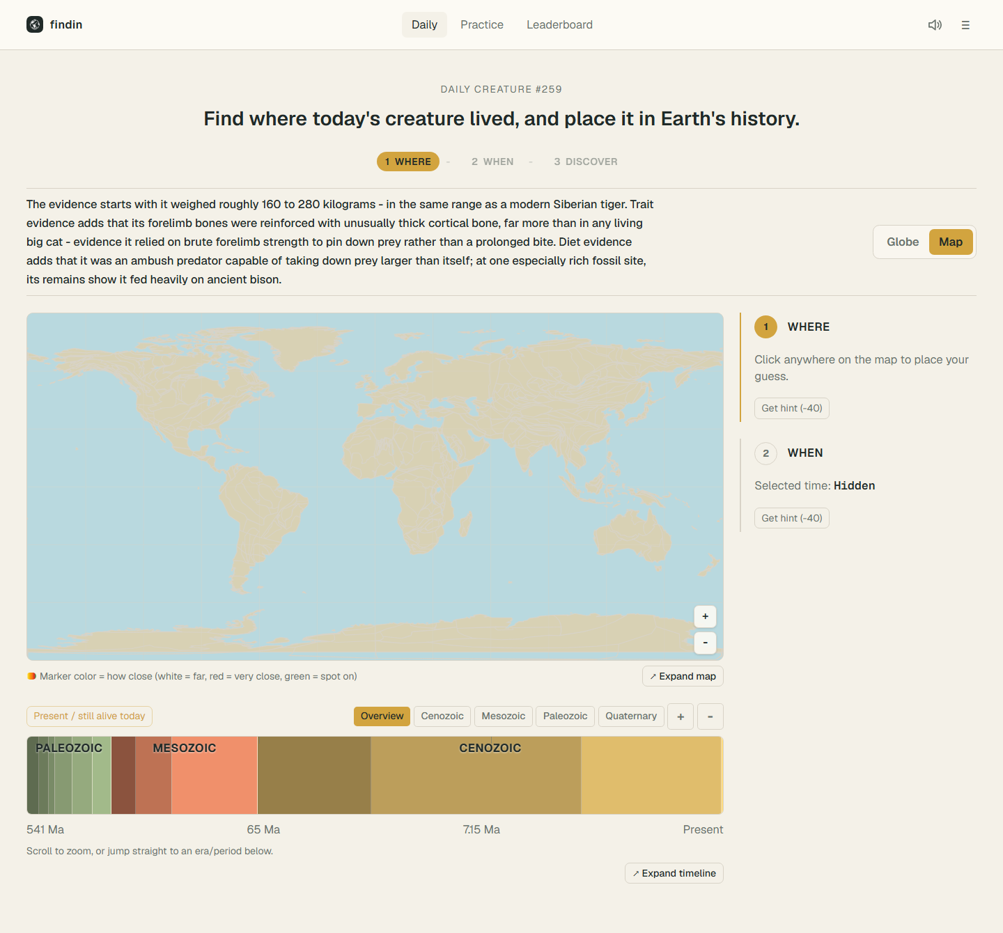 Findin Daily gameplay showing evidence notes, a world map, and a geological time bar